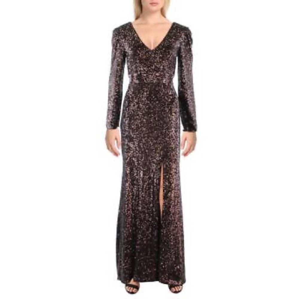 Xscape Womens Brown Mesh Sequined Cocktail And Party Dress Gown